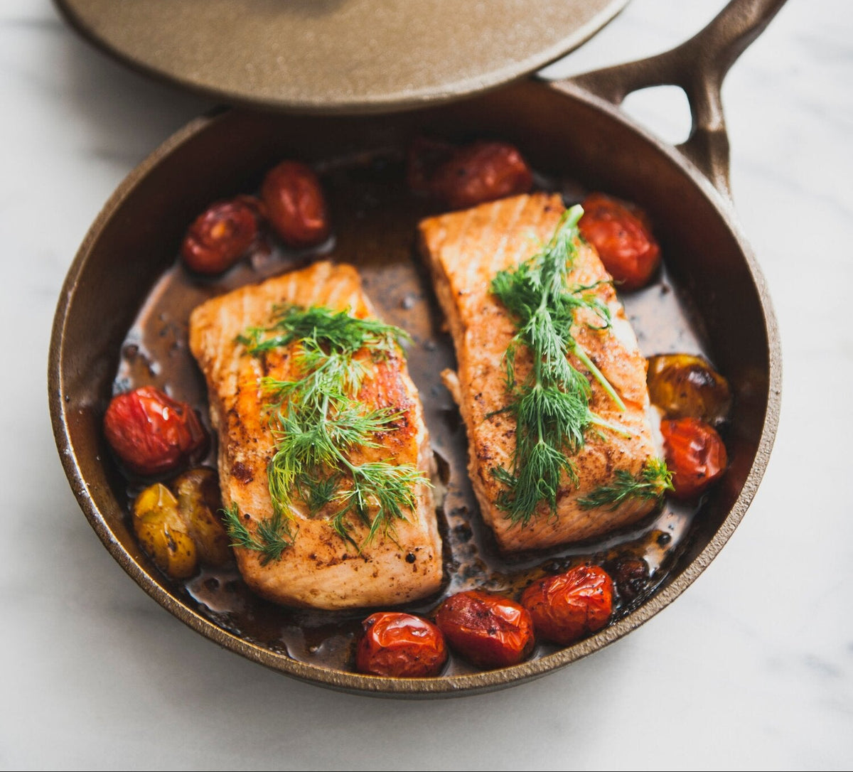 seared salmon in a cast iron skillet